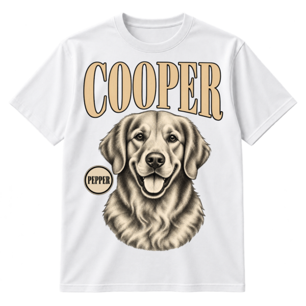 Vintage engraved dog portrait with the name COOPER in large serif letters above.