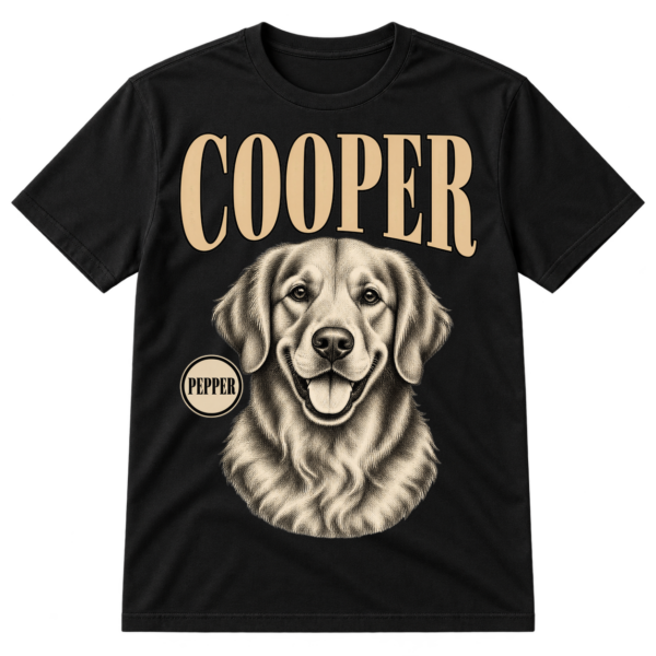 Vintage engraved dog portrait with the name COOPER in large serif letters above.