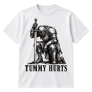Distressed illustration of a kneeling armored medieval knight holding an upright sword with the text TUMMY HURTS.