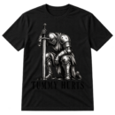 Distressed illustration of a kneeling armored medieval knight holding an upright sword with the text TUMMY HURTS.
