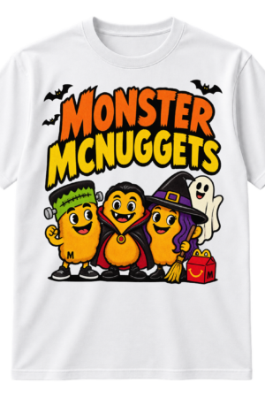 Monster McNuggets Halloween graphic with cartoon nugget characters dressed as Frankenstein, Dracula, and a witch.