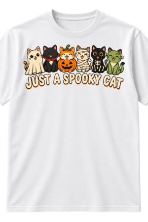 Six cute cats in ghost, vampire, pumpkin, mummy, skeleton, and monster costumes above the words Just a spooky cat.