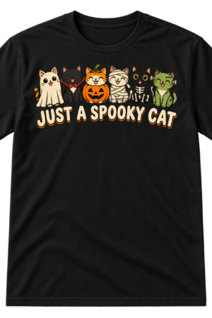 Six cute cats in ghost, vampire, pumpkin, mummy, skeleton, and monster costumes above the words Just a spooky cat.