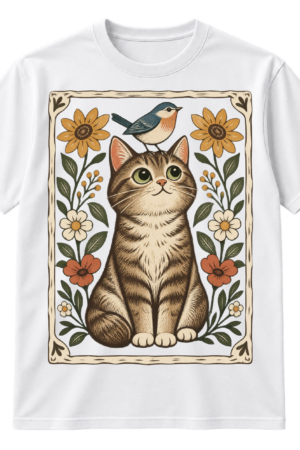 Wide-eyed seated cat with a small bird on its head, surrounded by flowers and leaves in a vintage linocut style.