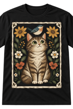 Wide-eyed seated cat with a small bird on its head, surrounded by flowers and leaves in a vintage linocut style.