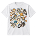 Eight whimsical cats in round astronaut helmets floating among stars and small planets in a vintage space illustration.