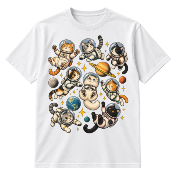 Eight whimsical cats in round astronaut helmets floating among stars and small planets in a vintage space illustration.