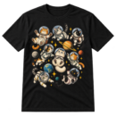 Eight whimsical cats in round astronaut helmets floating among stars and small planets in a vintage space illustration.