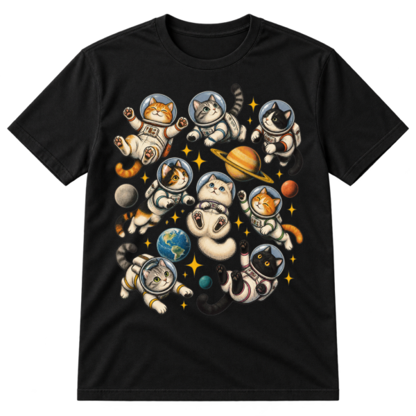 Eight whimsical cats in round astronaut helmets floating among stars and small planets in a vintage space illustration.