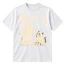 Vintage distressed graphic of a pointing sheet ghost beside a cat in a ghost costume, with the text “Boo - b” above.