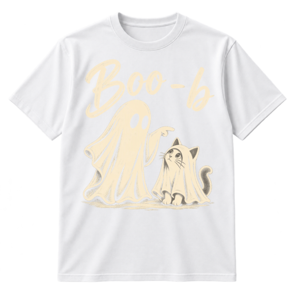 Vintage distressed graphic of a pointing sheet ghost beside a cat in a ghost costume, with the text “Boo - b” above.