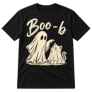 Vintage distressed graphic of a pointing sheet ghost beside a cat in a ghost costume, with the text “Boo - b” above.