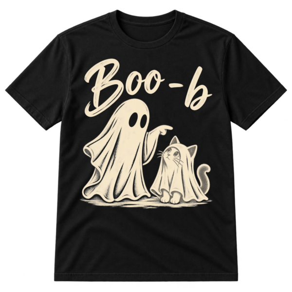 Vintage distressed graphic of a pointing sheet ghost beside a cat in a ghost costume, with the text “Boo - b” above.