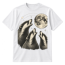 Vintage monochrome illustration of three howling badgers around a large full moon with stars and celestial circles.
