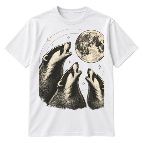 Vintage monochrome illustration of three howling badgers around a large full moon with stars and celestial circles.