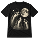 Vintage monochrome illustration of three howling badgers around a large full moon with stars and celestial circles.
