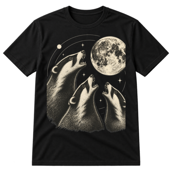 Vintage monochrome illustration of three howling badgers around a large full moon with stars and celestial circles.