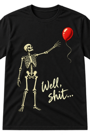 Hand-drawn skeleton reaching toward a red balloon with the caption “Well, shit...”