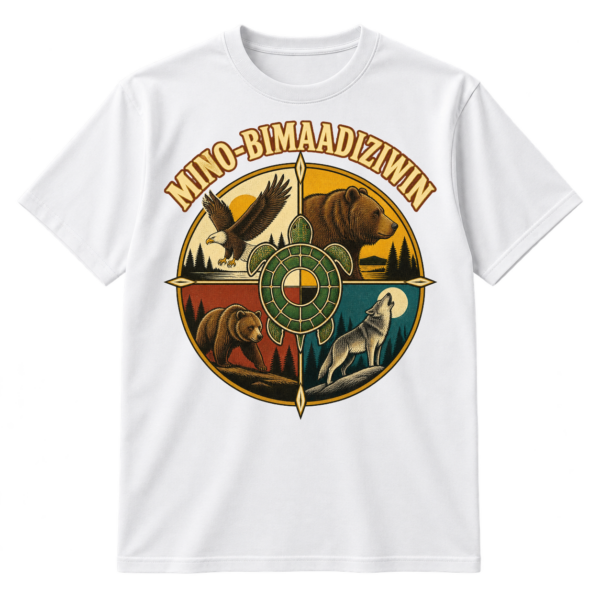 Vintage Mino-Bimaadiziwin circular emblem with eagle, bear, wolf, turtle, and central turtle-shell-inspired medicine wheel design.