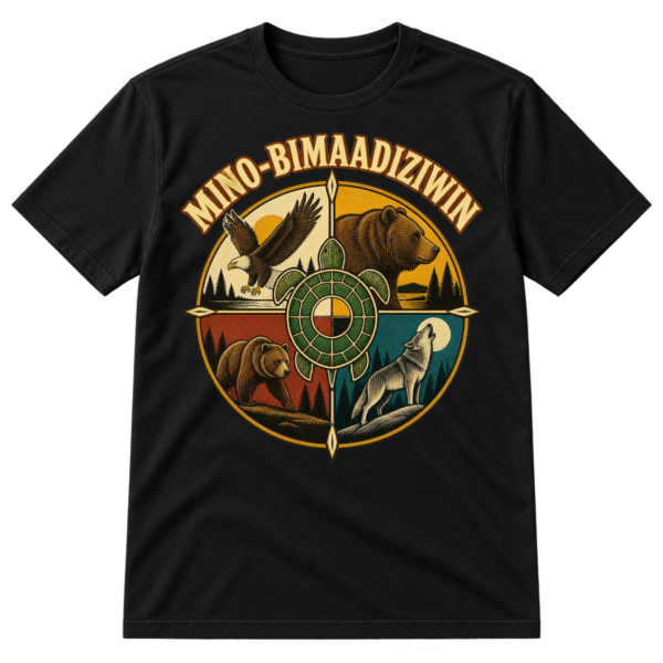 Vintage Mino-Bimaadiziwin circular emblem with eagle, bear, wolf, turtle, and central turtle-shell-inspired medicine wheel design.
