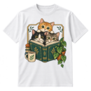 Vintage illustration of three wide-eyed cats gathered behind an open book with a coffee mug and potted plant.