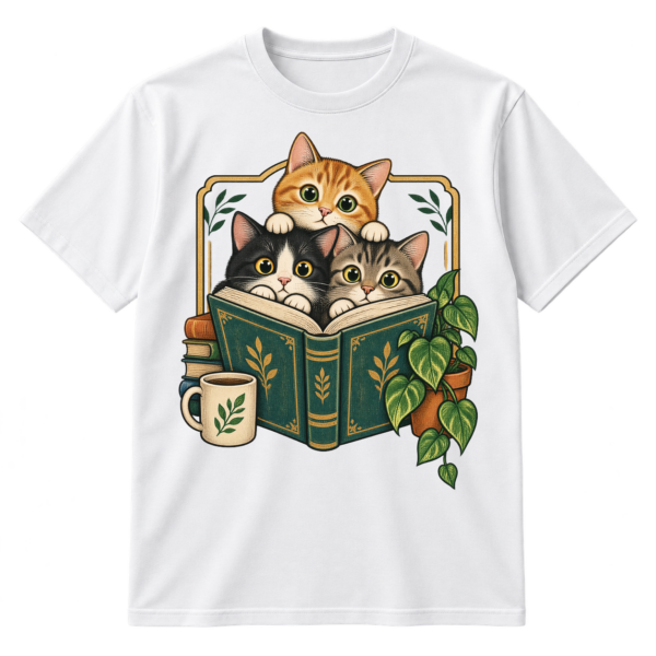 Vintage illustration of three wide-eyed cats gathered behind an open book with a coffee mug and potted plant.