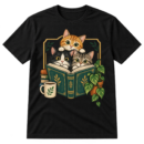 Vintage illustration of three wide-eyed cats gathered behind an open book with a coffee mug and potted plant.