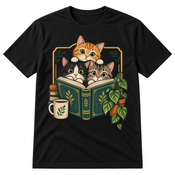 Vintage illustration of three wide-eyed cats gathered behind an open book with a coffee mug and potted plant.