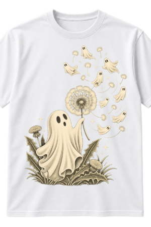 Vintage illustration of a friendly ghost with a dandelion, floating mini ghosts, seeds, and stars.
