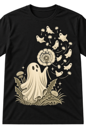 Vintage illustration of a friendly ghost with a dandelion, floating mini ghosts, seeds, and stars.