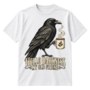 Vintage raven holding a steaming coffee mug above the words HELLO DARKNESS MY OLD FRIEND.