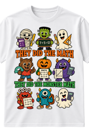 Vintage cartoon Halloween design with cute school monsters, math supplies, equations, and the words “They Did the Math” and “They Did the Monster Math.”