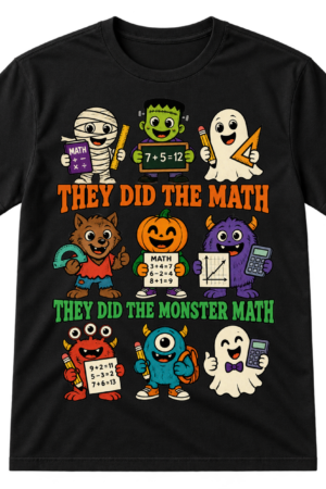 Vintage cartoon Halloween design with cute school monsters, math supplies, equations, and the words “They Did the Math” and “They Did the Monster Math.”