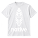 Lowercase native text beneath a symmetrical geometric feather-inspired emblem.