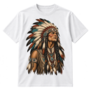 Distressed vintage-style portrait illustration of a warrior wearing a large feather headdress and layered beadwork.