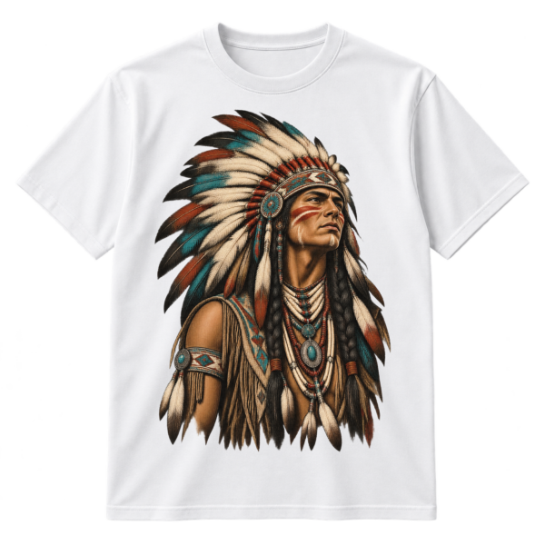 Distressed vintage-style portrait illustration of a warrior wearing a large feather headdress and layered beadwork.