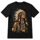 Distressed vintage-style portrait illustration of a warrior wearing a large feather headdress and layered beadwork.