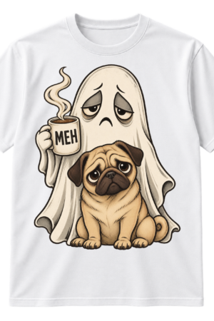 Vintage illustration of a sad ghost holding a steaming mug reading MEH beside a cute pug.