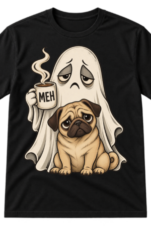 Vintage illustration of a sad ghost holding a steaming mug reading MEH beside a cute pug.