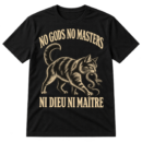 Vintage graphic with the phrases NO GODS NO MASTERS and NI DIEU NI MAÎTRE around a cat holding a snake.