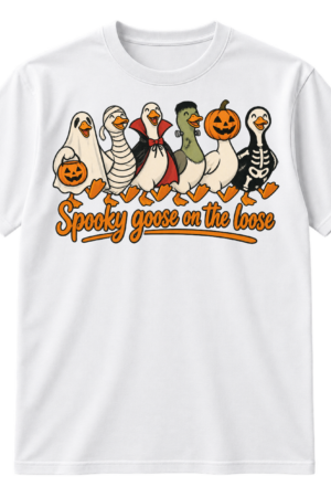 Six cartoon geese in ghost, mummy, vampire, Frankenstein, pumpkin, and skeleton costumes above the text “Spooky goose on the loose.”