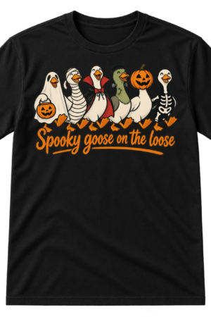 Six cartoon geese in ghost, mummy, vampire, Frankenstein, pumpkin, and skeleton costumes above the text “Spooky goose on the loose.”