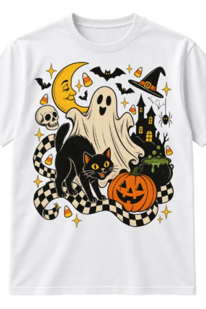 Vintage Halloween collage with a sheet ghost, black cat, crescent moon, pumpkin, haunted house, bats, candy corn, skull, spider, and cauldron.