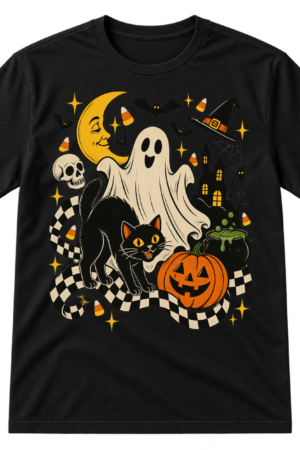 Vintage Halloween collage with a sheet ghost, black cat, crescent moon, pumpkin, haunted house, bats, candy corn, skull, spider, and cauldron.