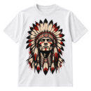 Bold black ink portrait of a warrior-like figure wearing a large feathered headdress with distressed splatter details.