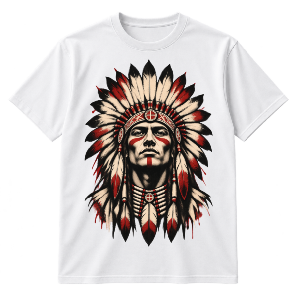 Bold black ink portrait of a warrior-like figure wearing a large feathered headdress with distressed splatter details.