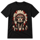 Bold black ink portrait of a warrior-like figure wearing a large feathered headdress with distressed splatter details.