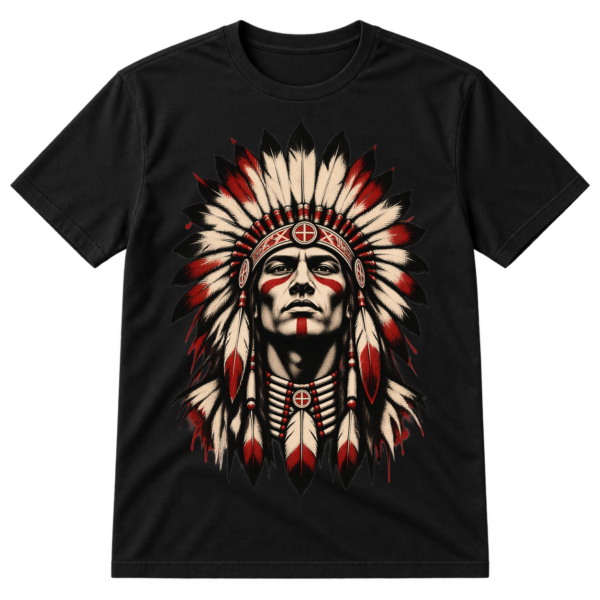 Bold black ink portrait of a warrior-like figure wearing a large feathered headdress with distressed splatter details.