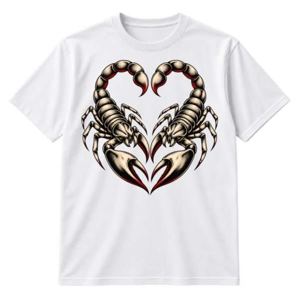 Two mirrored tattoo-style scorpions arranged into a heart shape.
