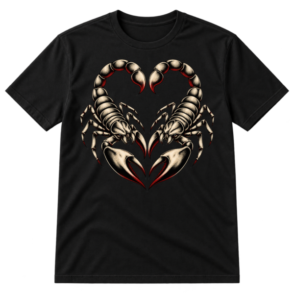 Two mirrored tattoo-style scorpions arranged into a heart shape.